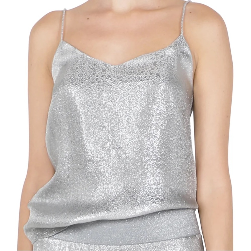 Marie France Van Damme Silver Metallic Silk Blend V Cami Top